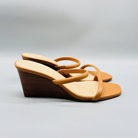 J Crew Sandals Womens 10 Brown Leather Wedge Slide Two Strap Square Toe NEW - Picture 1 of 12